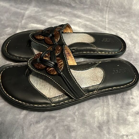 Born Women's Black Leather 3 Discs Slide On Thong Sandals - Picture 3 of 9